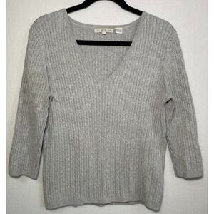 Pria Sweater Women Large‎ Gray 3/4 Sleeve V-Neck Knit Lightweight Casual